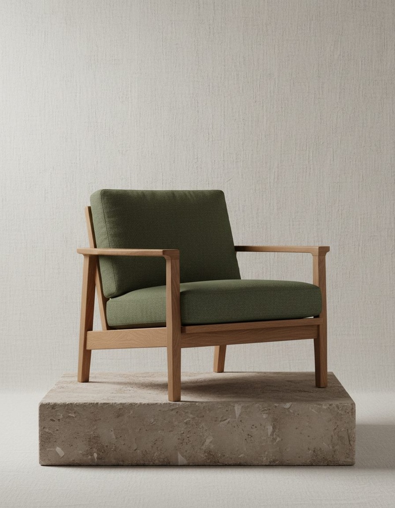 Modern minimalist lounge armchair with raw oak frame